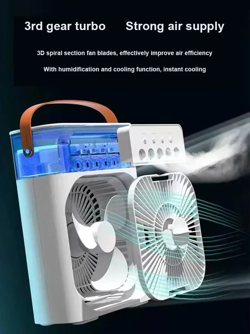 Portable 3-in-1 Air Cooler & Humidifier Fan – USB, LED Light & Smart Cooling Design