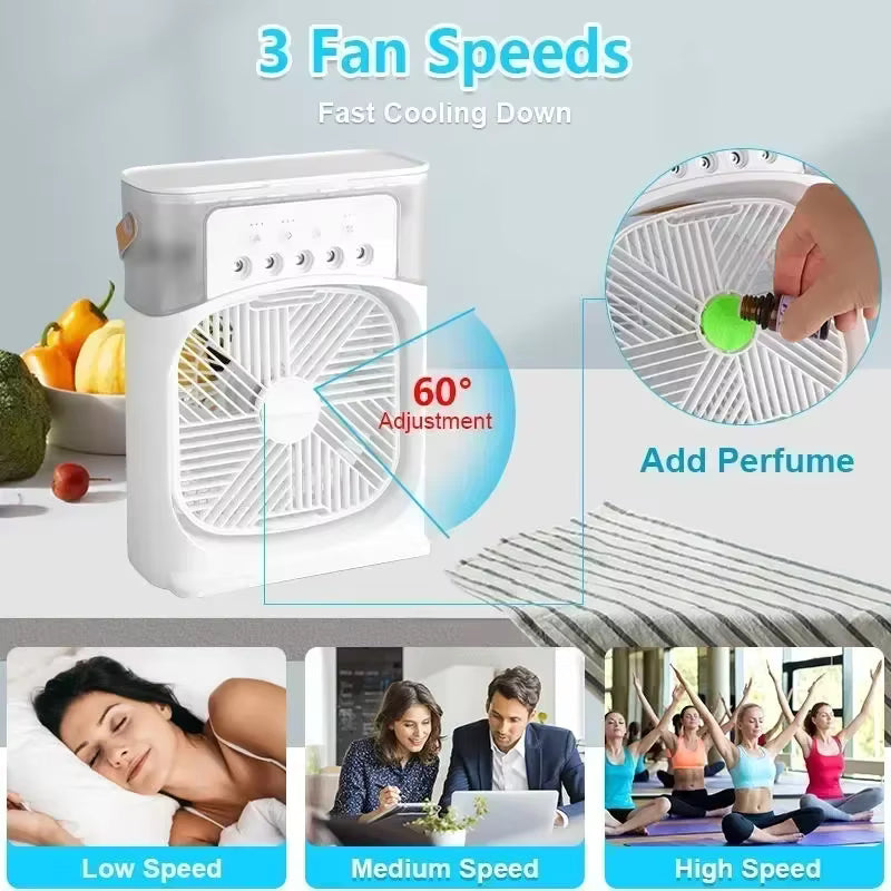 Portable 3-in-1 Air Cooler & Humidifier Fan – USB, LED Light & Smart Cooling Design