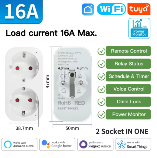 TNCE TUYA Smart Plug Wi-Fi or Zigbee 3.0 EU Socket (16A / 20A) — Power Monitor and Voice Control
